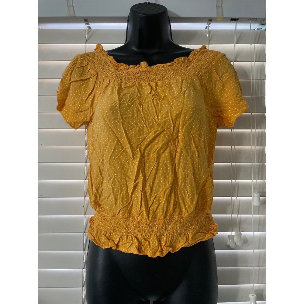 Charlotte Russe S gold and yellow off shoulder polka dot blouse